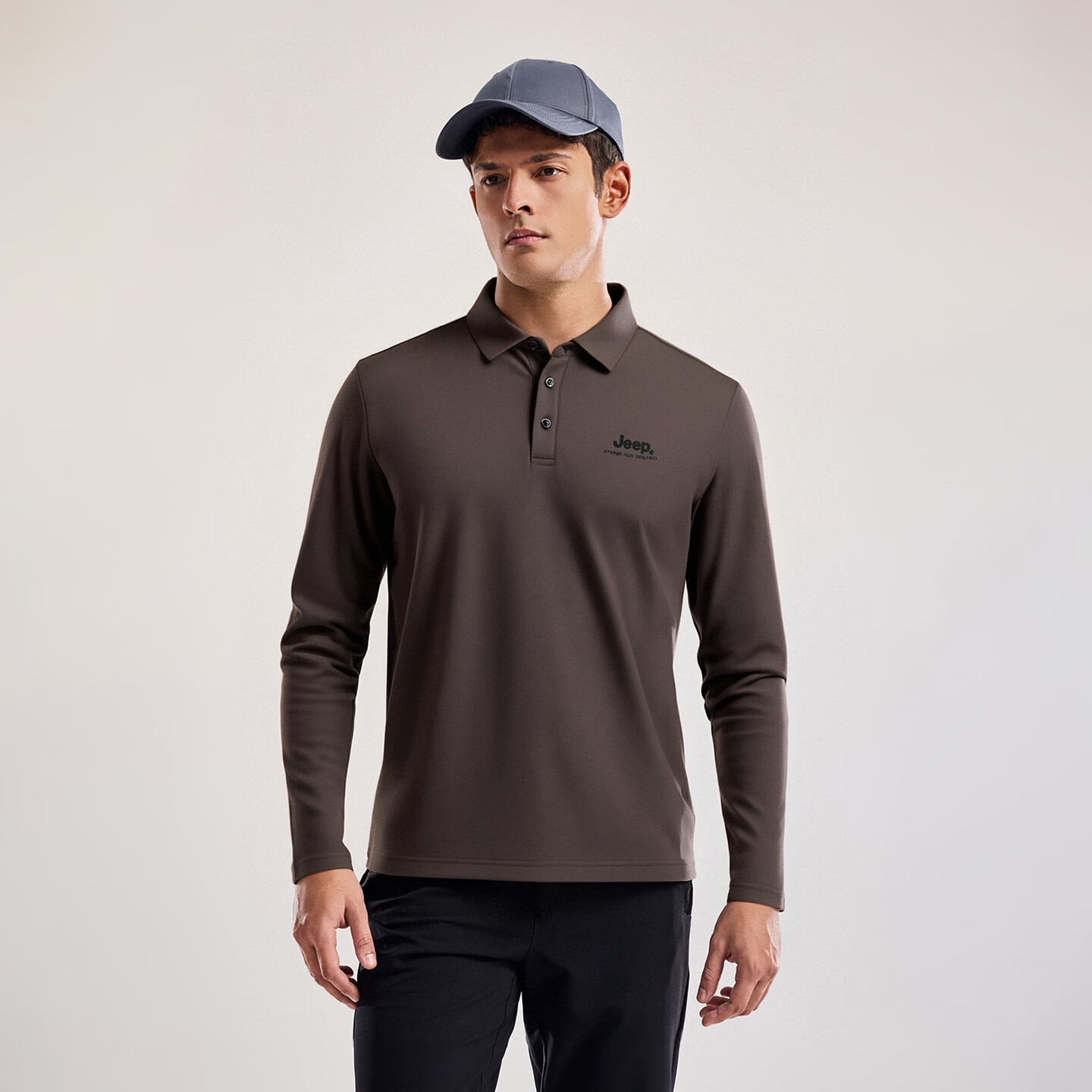 JEEP吉普男装户外休闲弹力吸湿透气翻领长袖T恤POLO打底衫 品牌黑 XS 160/84B