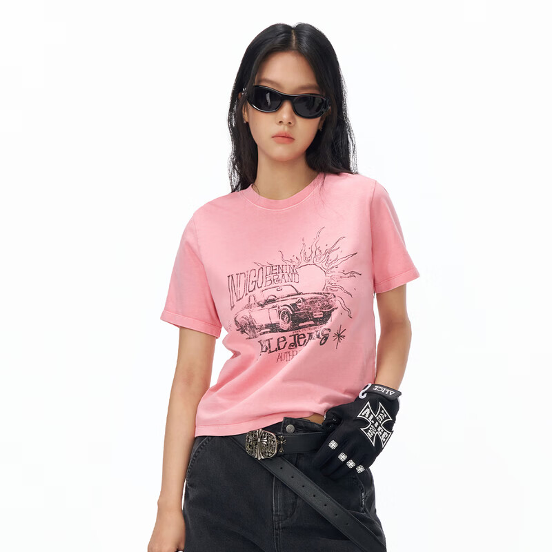 ABLE JEANS 26春新款T恤女士纯棉复古印花上衣时尚透气都市旷野短袖 天竺葵粉 XS