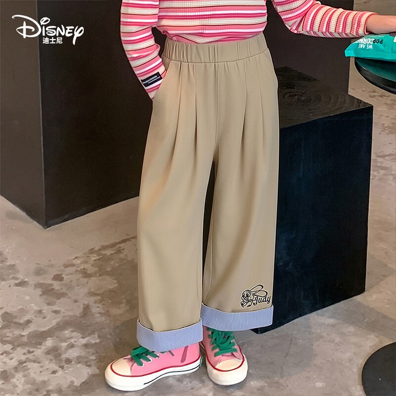 迪士尼(Disney)女童裤子2026春季新款儿童休闲裤中大童女孩卷边拼接宽松直筒长裤 卡其色 110 【建议身高105-115cm,体重30-40斤】