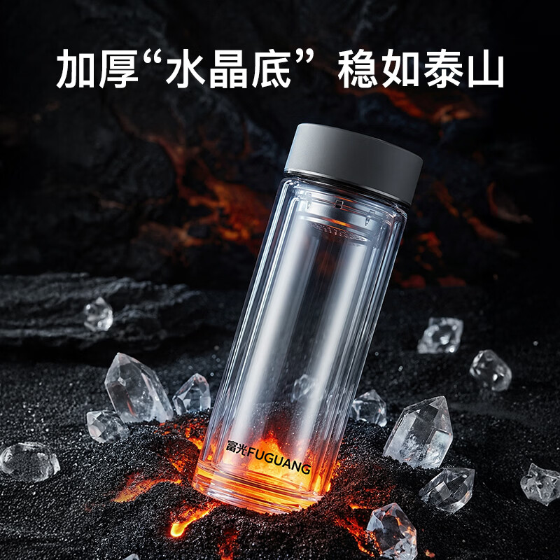 富光双层玻璃杯高硼硅 便携办公隔热杯 茶水分离泡茶杯 双层加厚便携防烫 400ML瓷釉蓝