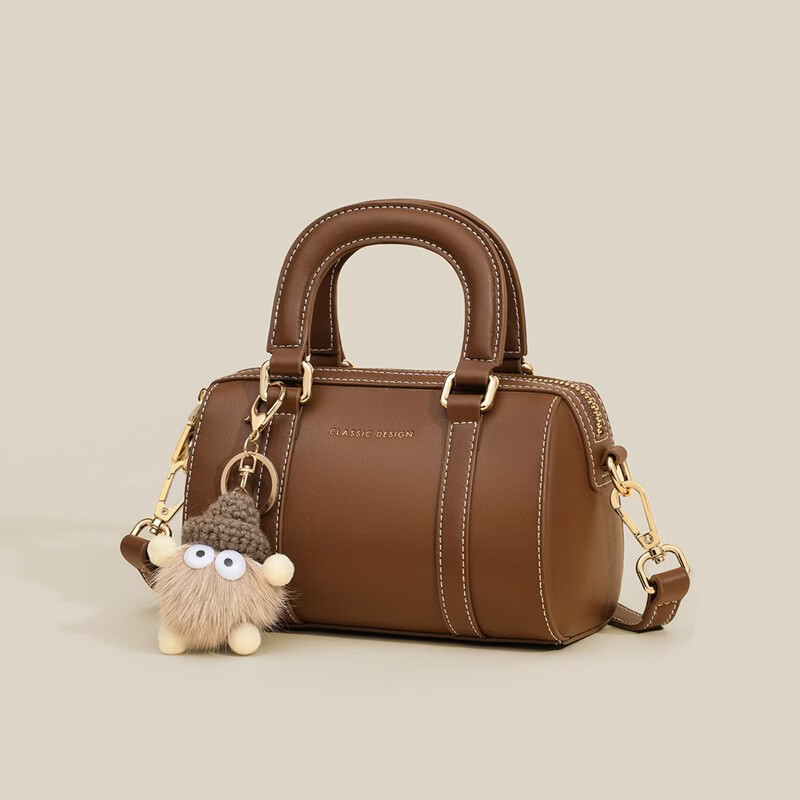 单支鸟手提包包2真皮斜挎枕头包女包迷你单肩波士顿包生日礼物 棕色