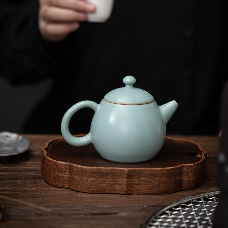 苏氏陶瓷汝窑泡茶壶开片可养金线汝瓷新款龙蛋茶壶礼盒装200ml 天蓝色