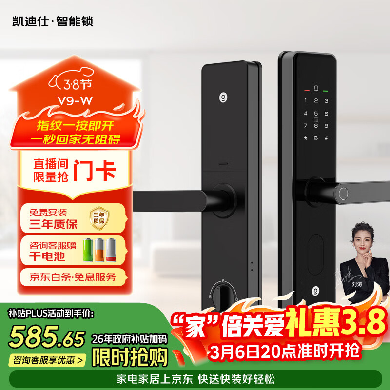 凯迪仕（KAADAS）智能门锁 指纹识别 防盗门锁密码锁 入户门电子智能锁 V9-W
