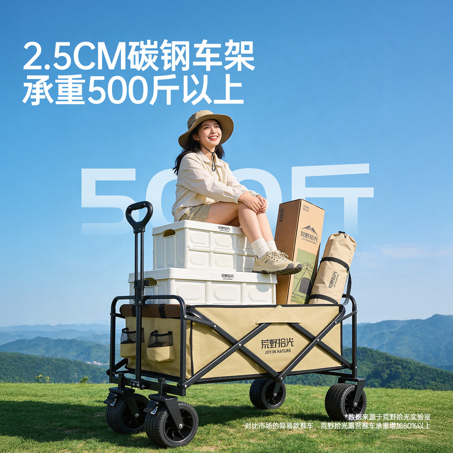 荒野拾光露营车折叠推车户外露营儿童小推车后开营地车小拖车聚拢型推车 后开减震-黑色+可折叠合金桌板 300L 有刹车