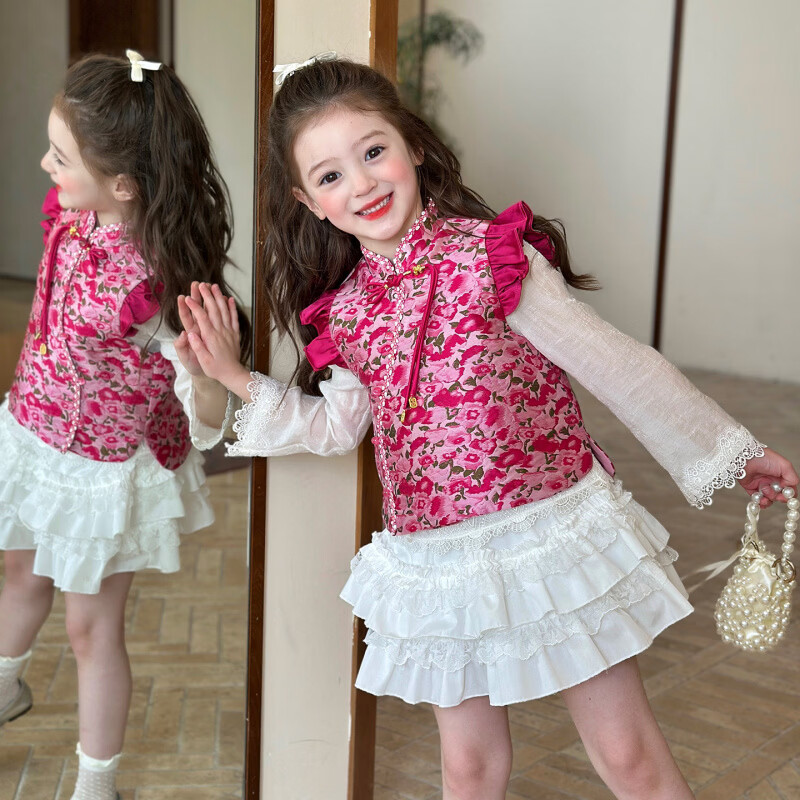 栀了成长记童装女童新中式国风马甲2026春季儿童新款无袖立领上衣 粉色 马甲 140 cm