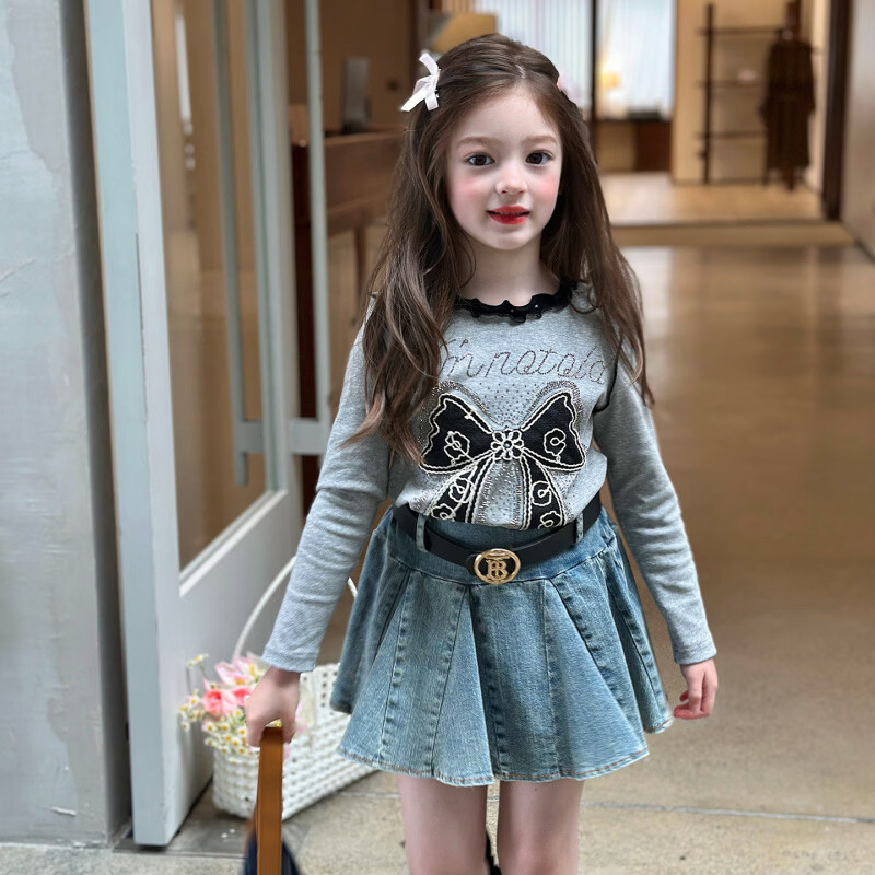 栀了成长记童装女童韩版百搭休闲上衣2026春季儿童蝴蝶结烫钻T恤 蓝色 半身裙 110 cm