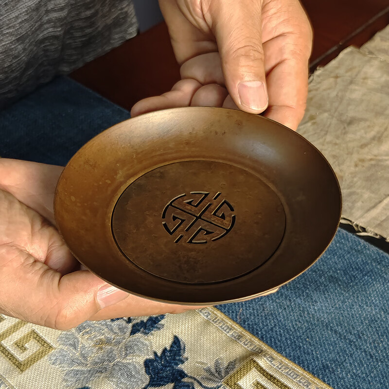 日式纯紫铜喜字双层小壶承干泡台茶垫锤纹做旧茶室防烫圆形杯垫 紫铜小寿字建水（咖色）