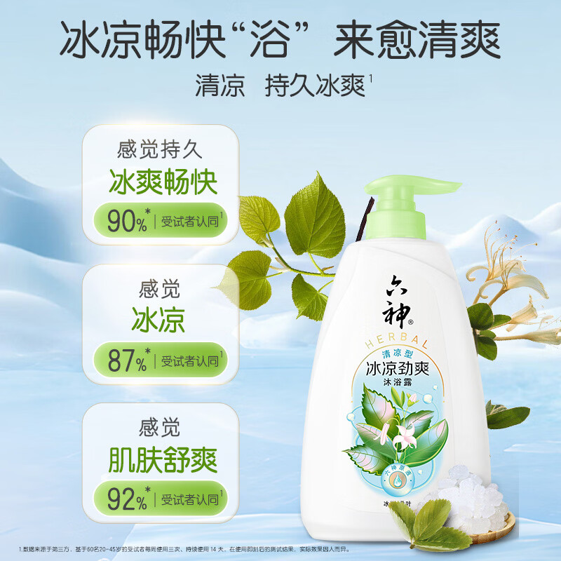 六神沐浴露【冰片+桑叶】冰凉劲爽薄荷凉感清爽留香洗澡男女家庭装 冰凉劲爽650g+180g