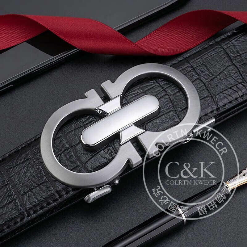 Colrtn Kwecr男士真皮轻奢皮带中青年商务实用自动扣裤腰带礼盒装父亲节奢侈品 CK黑色皮带+8字古金扣头 105cm