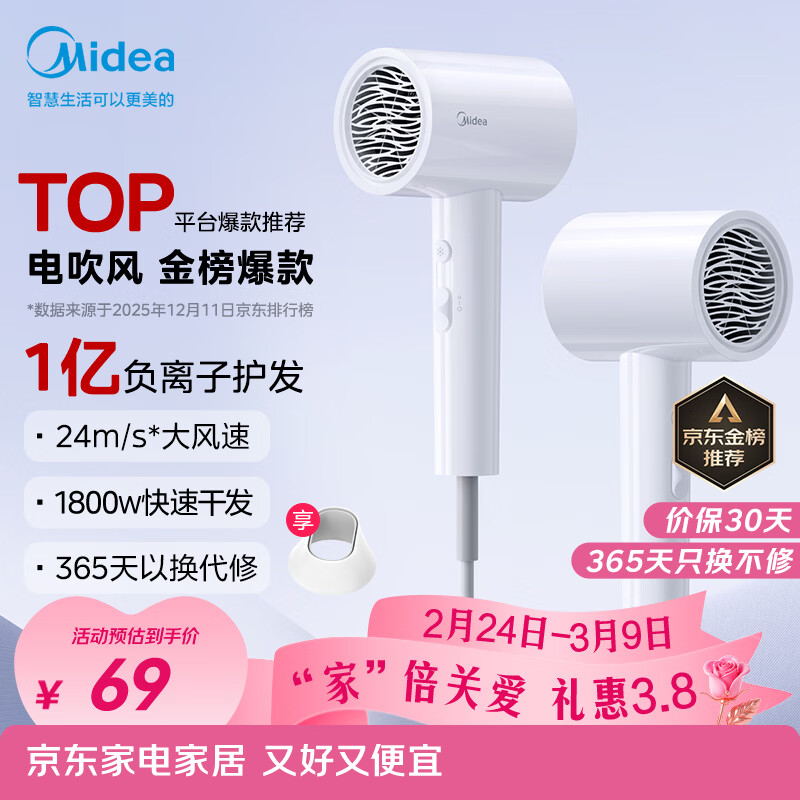 美的（Midea）1亿负离子电吹风 护发不伤发吹风机 大功率快干家用吹风筒FJ208极地白 1800W 节日/生日礼物推荐