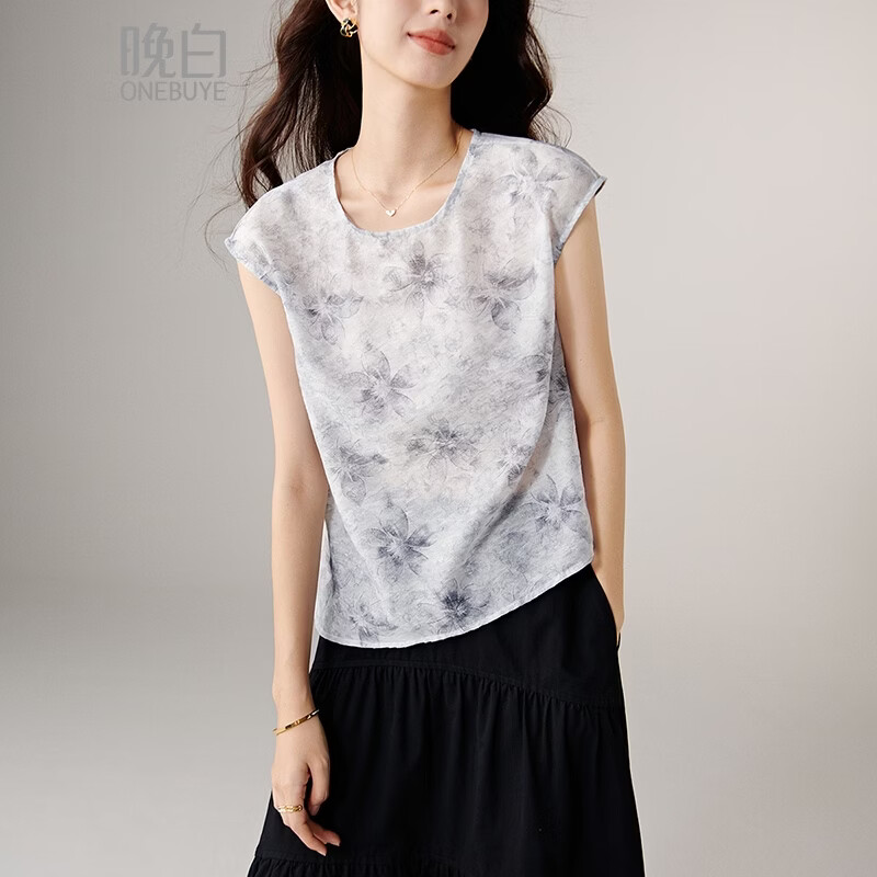 晚白【新品】2026年春款复古印花轻薄上衣清新雅致挺括抗皱衬衫女 花色 S