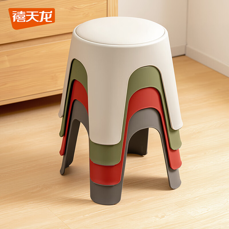 禧天龙凳子家用可叠放塑料椅子加厚结实餐椅中凳客厅梳妆台凳加厚防滑 中国红 1个装