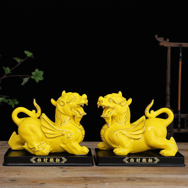 陶瓷貔貅摆件一对 公司纳财 客厅好运 店铺开业吉祥摆件工艺礼品 黄色(4号)招财貔貅描金/雌雄一对