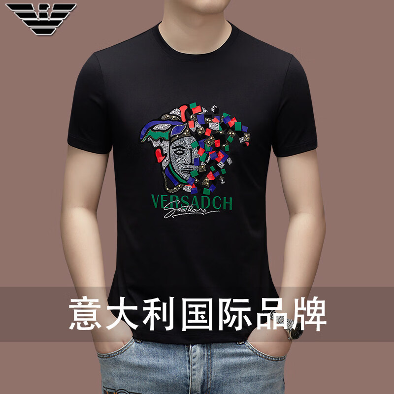 阿玛尼（ARMANI）意大利正品品牌圆领短袖t恤男薄款夏季中年时尚印花半袖体恤上衣 国际一线品牌黑色 3XL 185建议170斤-185斤