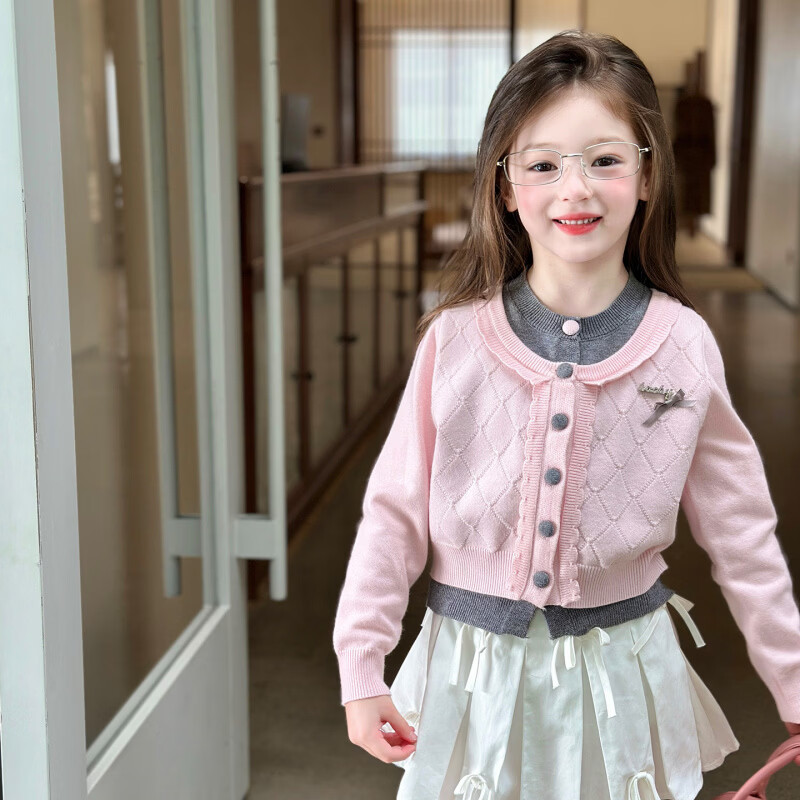 栀了成长记女童装甜美学院风毛衣2026春季儿童可爱假两件撞色开衫 粉色 上衣 120 cm