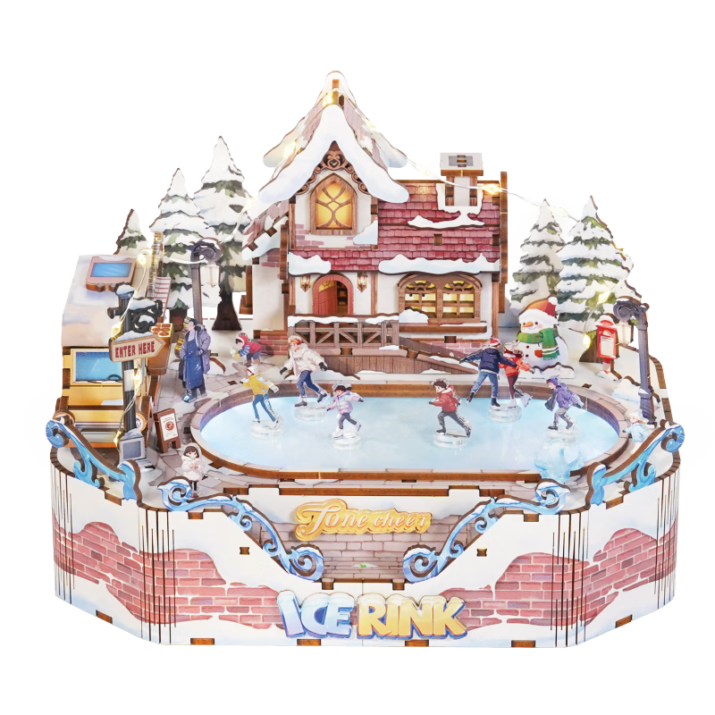 同趣冰上旋音拼裝音樂盒積木玩具手工diy微縮小屋兒童新年生日禮物女