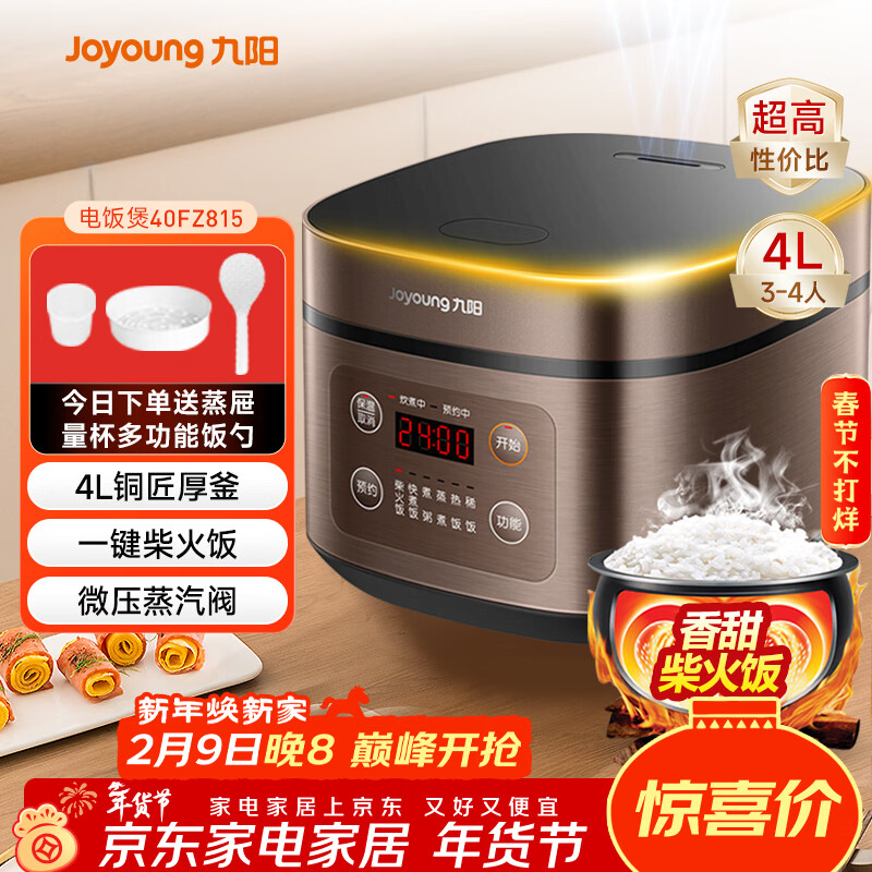 九阳（Joyoung）30分钟快煮饭大火力柴火饭4升家庭容量3~4人电饭煲电饭锅多功能微压焖煮方煲F-40FZ815