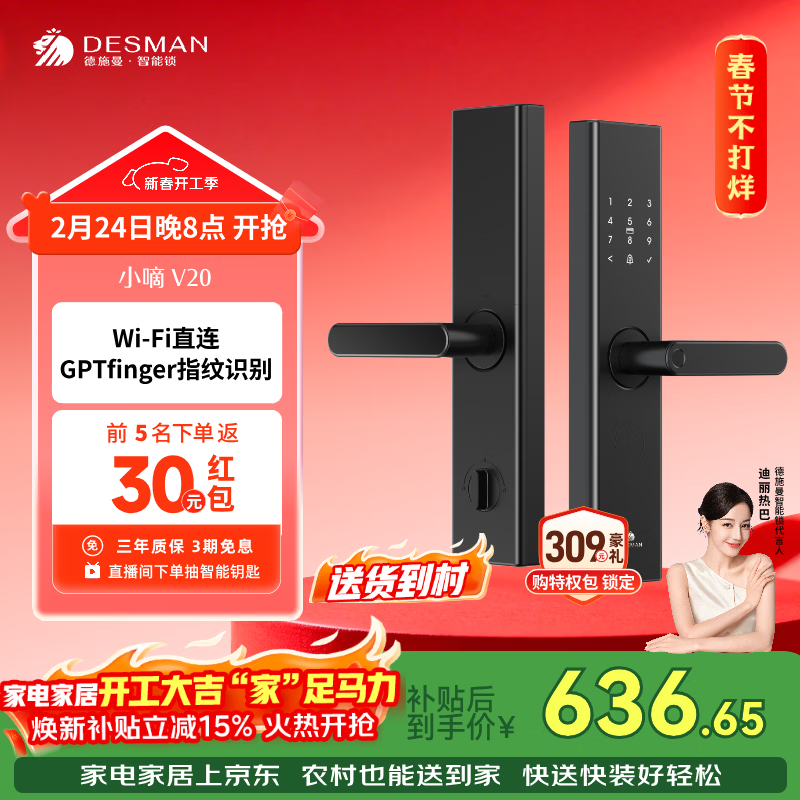 德施曼（DESMAN）智能门锁家用防盗锁指纹密码识别小嘀V20