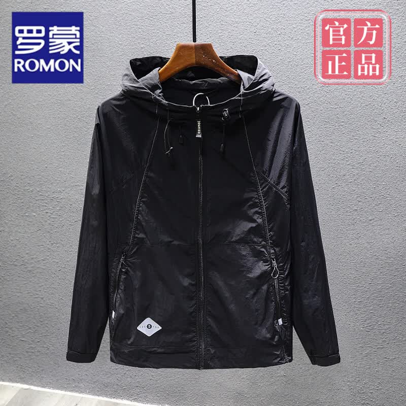 罗蒙（ROMON）高级感极简设计防晒衣服男夏季宽松轻薄连帽冰丝速干冲锋衣外套男 黑色 3XL 体重 180-200斤