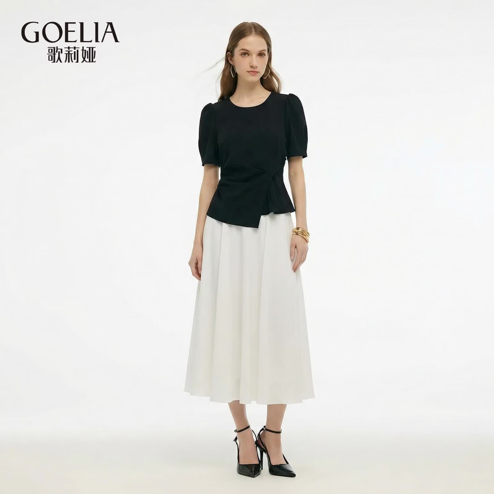 歌莉娅天丝连衣裙女2026新款夏季高知得体撞色拼接裙子1F4R4K760 07W米色 M