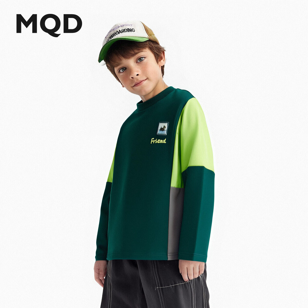 马骑顿【设计师系列】MQD童装男童长袖T恤秋季新款儿童撞色拼接上衣 墨绿 120
