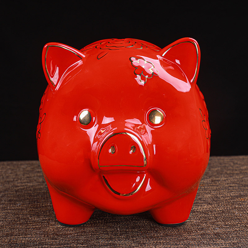 萌趣生肖猪陶瓷存钱罐 纳财进宝创意摆件 客厅玄关开业乔迁好礼 不存不取红色蝴蝶猪18x13x15cm