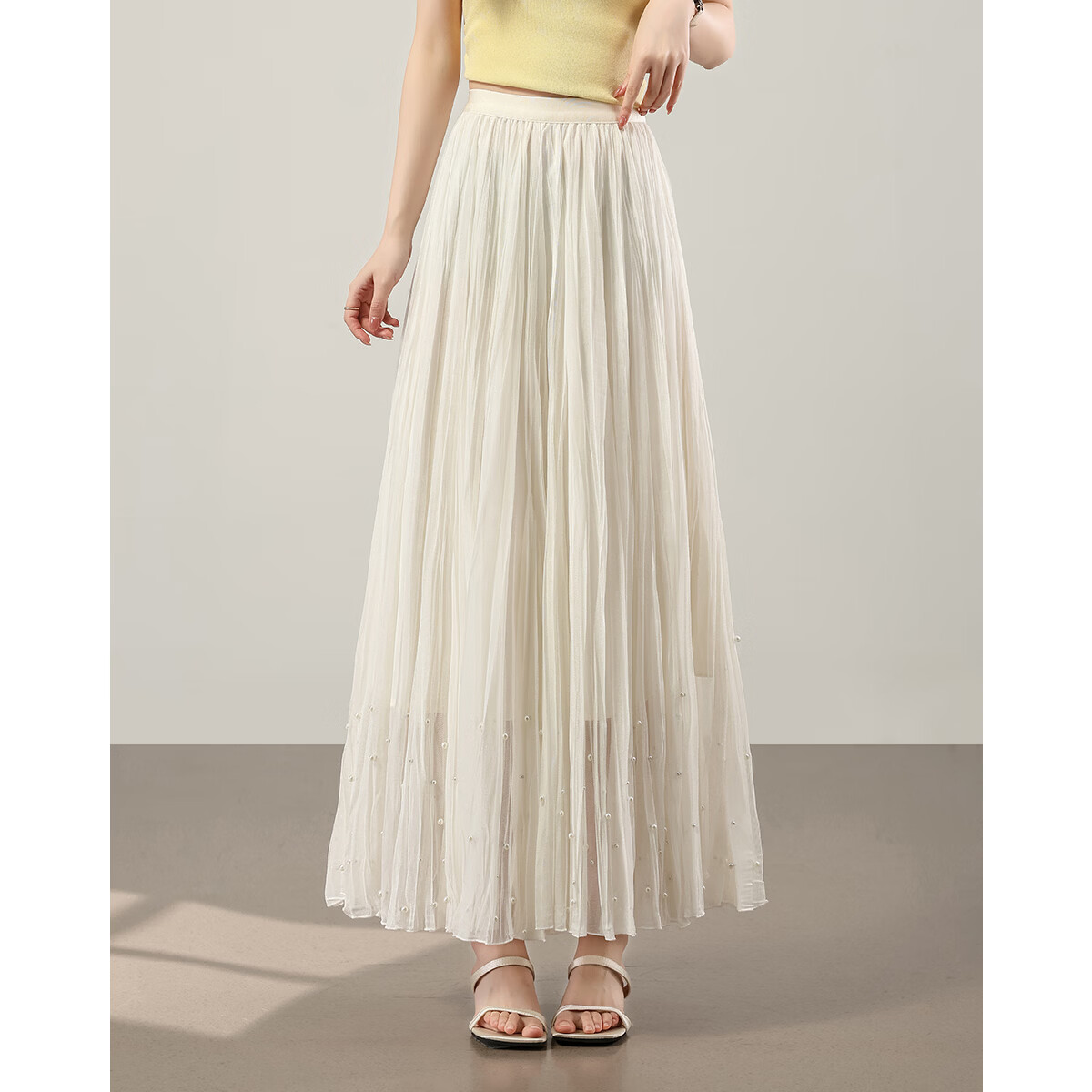 TERRE BLEUE高腰休闲半身裙女2026春秋新款气质网纱珍珠百褶裙百搭显瘦A字裙