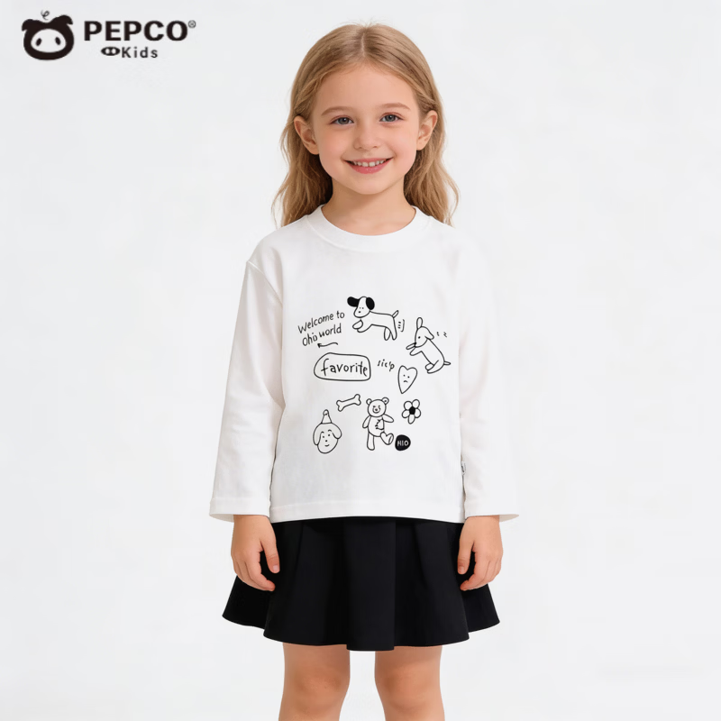 小猪班纳（PEPCO）儿童春秋纯棉长袖T恤新款儿童a类外穿打底男女宝卡通印花百搭韩版 白色单上衣-卡通印花 80 cm