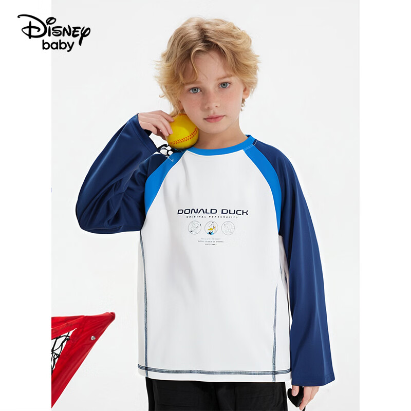 迪士尼（Disney）童装男女童长袖T恤速干2026春秋季新款宽松儿童秋装上衣打底衫dsn 蓝白 速干 140 高135-145cm重60-70斤