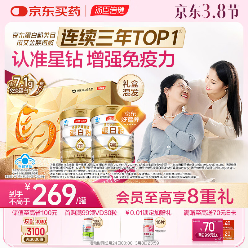 汤臣倍健星钻蛋白粉500g*2罐 含乳清蛋白粉增强免疫力 中老年年货节礼盒