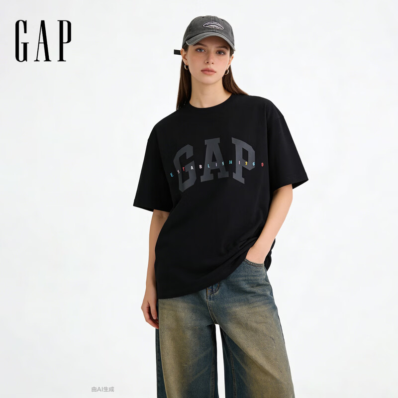 盖璞Gap男女装2026春季新款纯棉logo印花宽松短袖T恤百搭上衣868222 黑色 L (175/96A)亚洲尺码