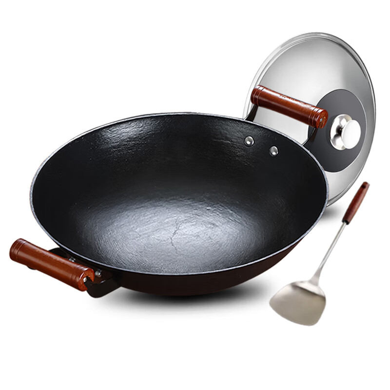 汉铸陆川铁锅龟纹生铁铸铁炒锅双耳不沾锅无涂层传统老式圆底燃气灶 龟纹双38cm有盖款（已开锅） 38cm