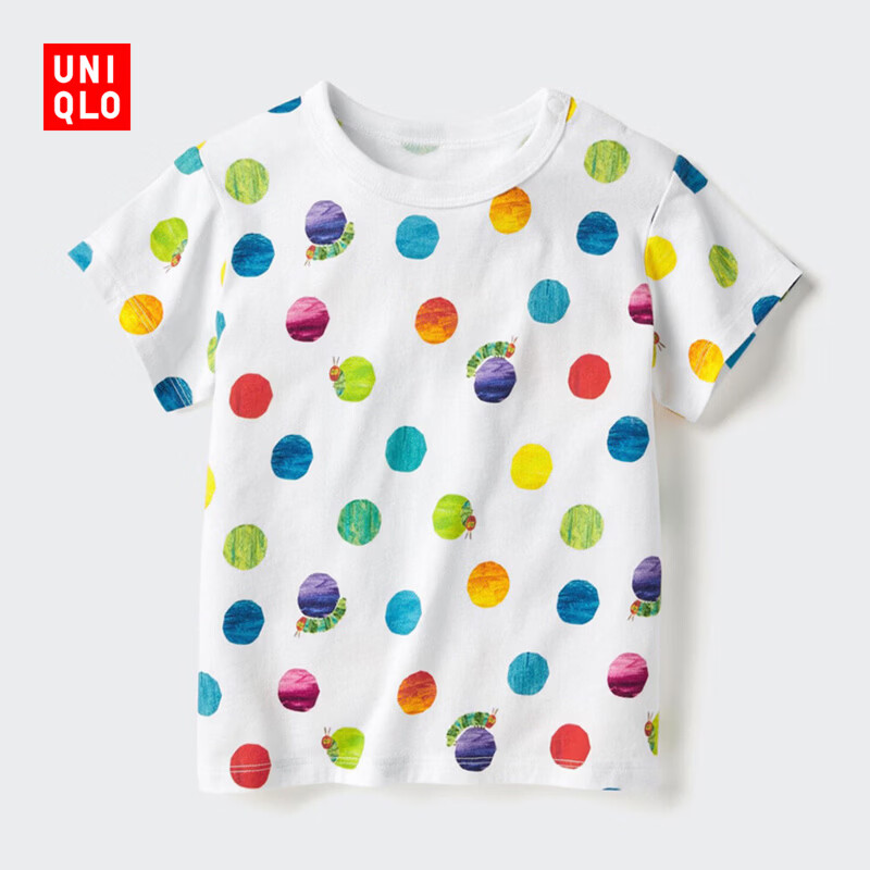 优衣库婴幼儿宝宝UT绘本合作系列印花短袖T恤好饿的毛毛虫483127 00 白色 100