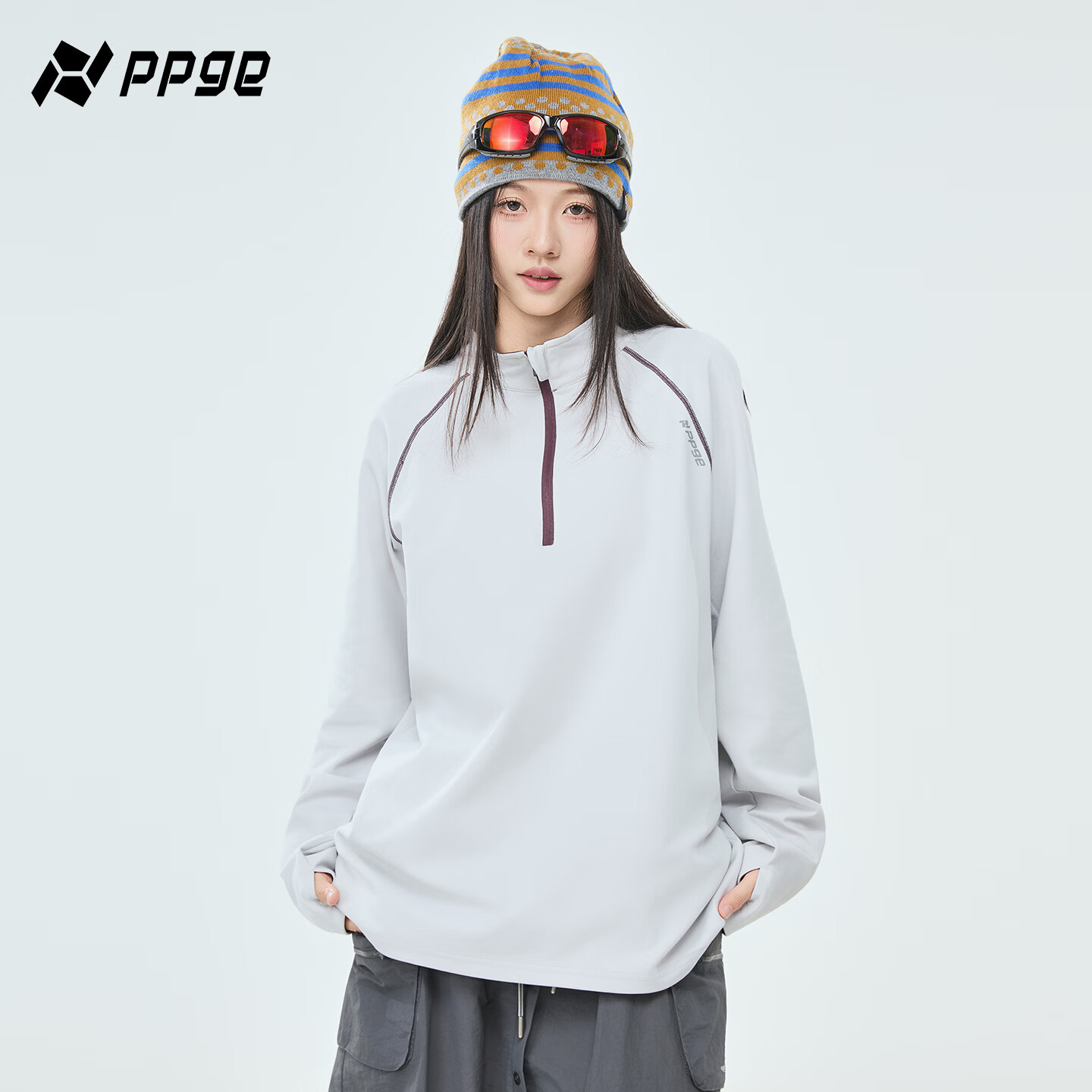 PPGE速干衣春秋季抗菌透气户外拼色半拉链运动上衣男女同款长袖T恤 浅云灰 L