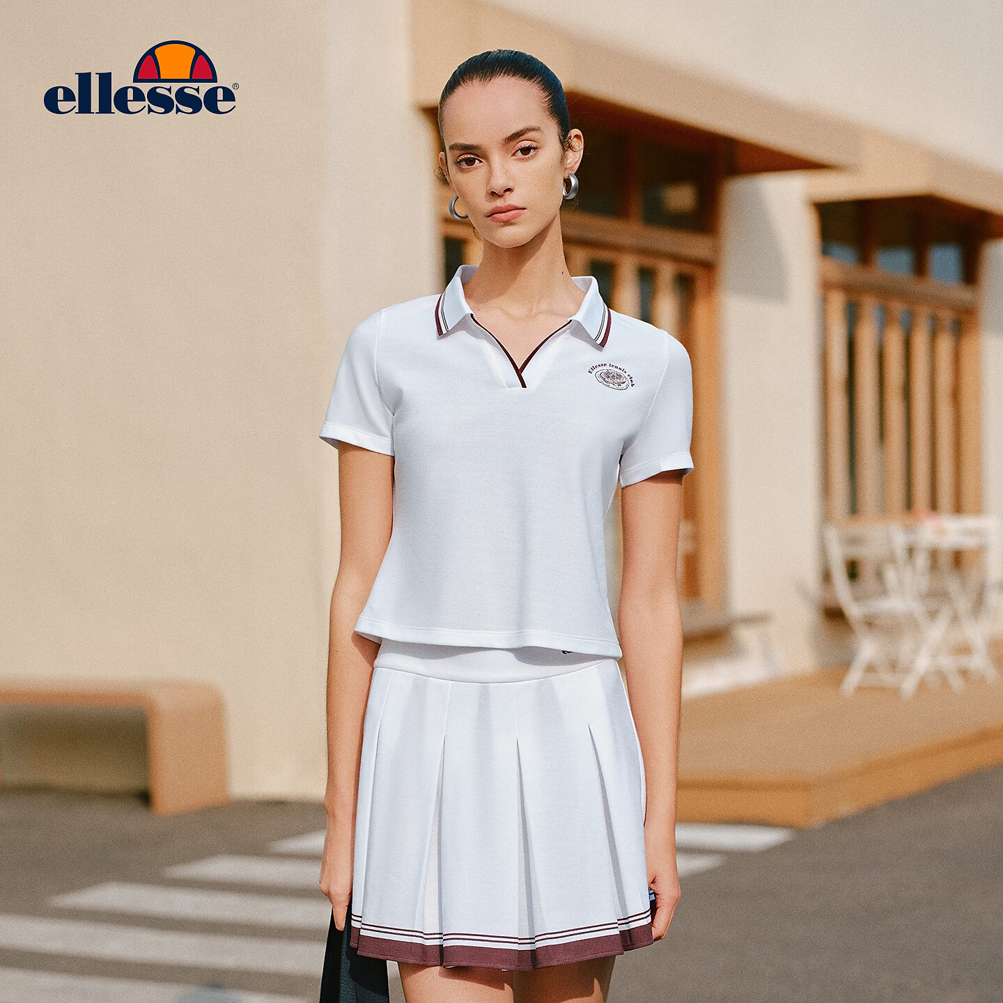 ellesse小贝壳26春新品网球服运动撞色修身复古印花polo短袖女 本白 S