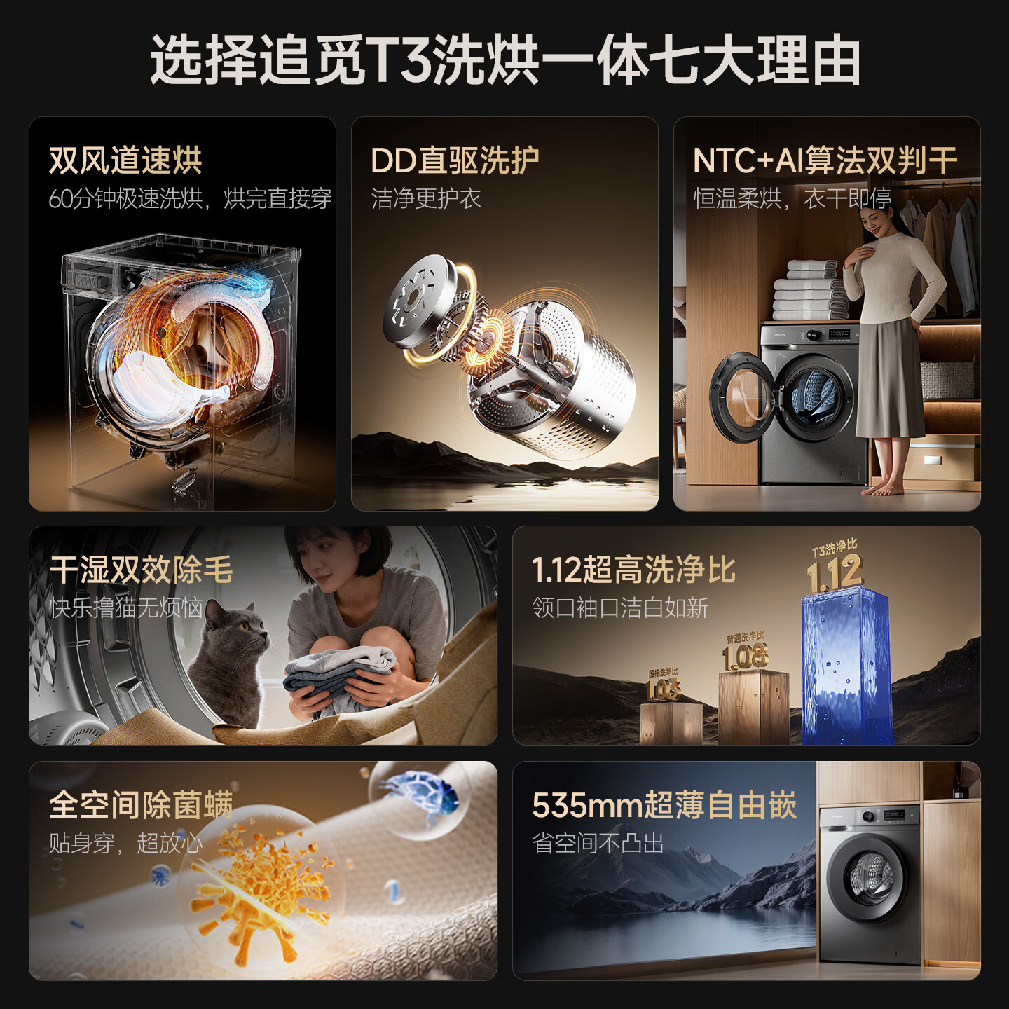 追觅T3滚筒洗烘一体机10kg全自动DD变频大筒径超薄平嵌带烘干洗衣机月隐灰DWC10T30TNCN