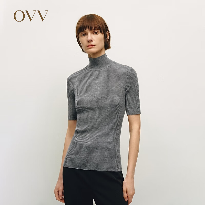 OVV【可机洗羊毛】24秋冬新款基础无缝修身弹力半高领短袖针织衫 半高领-短袖-珍珠灰 S