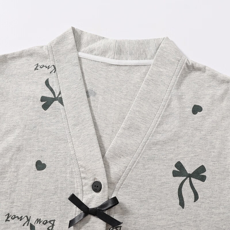 芬腾睡衣女【纯棉】V领开衫长袖蝴蝶结少女家居服套装 灰色 L