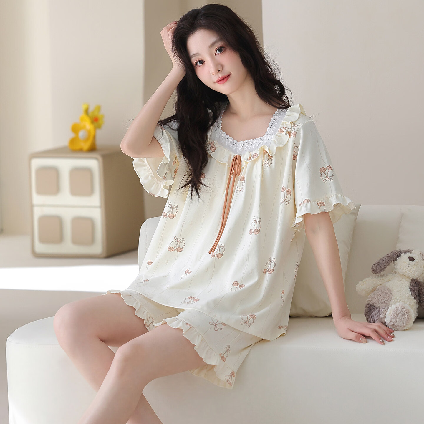 莫代尔带胸垫睡衣女款夏季新款短袖短裤休闲甜美花边宫廷风家居服套装女 09M28503【带胸垫】 L 110-130斤 当日发