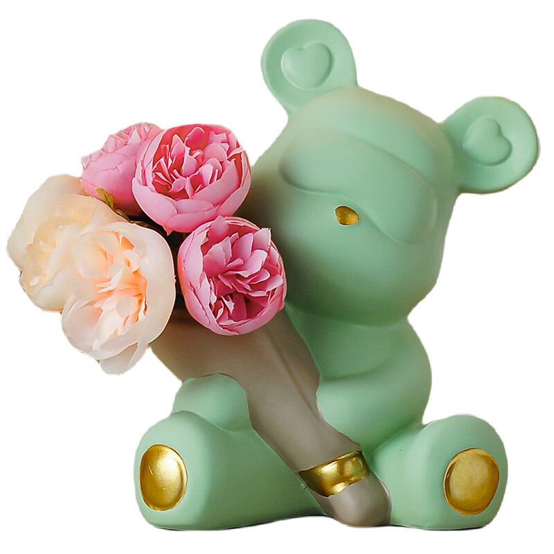 创意捧花暴力熊情绪摆件客厅玄关酒柜电视柜桌面家居装饰礼物 小熊花瓶(森绿色)送1束香槟1束粉色