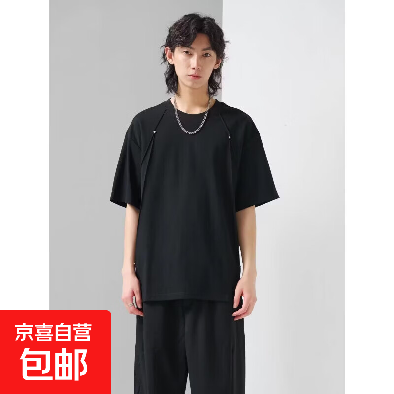 2026夏季新款【立体压褶铆钉】空气层凉感宽松休闲男士短袖T恤 黑色 3XL