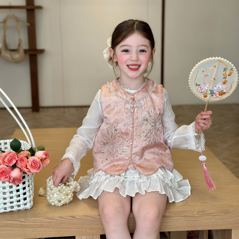 栀了成长记童装女童新中式圆领马甲2026春季儿童国风亮片无袖上衣 粉色 马甲 100 cm