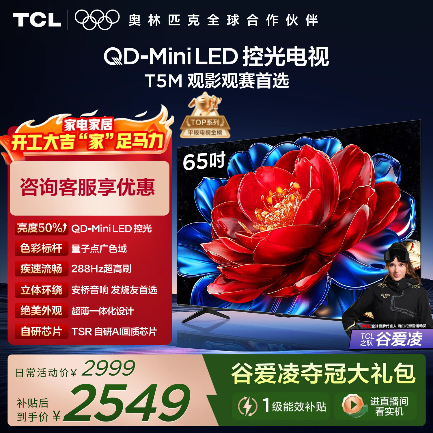 TCL电视 65T5M 65英寸 QD-Mini LED控光 288Hz高刷 QLED量子点 WiFi6 超薄 国家补贴 护眼