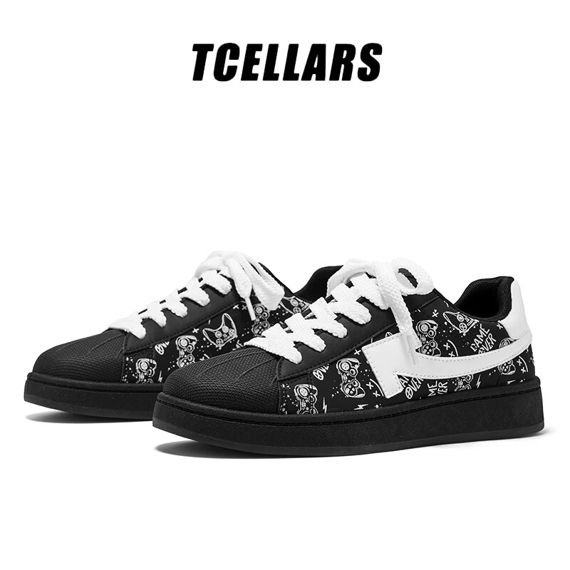 Tcellars板鞋男鞋春季2026新款简约百搭小白鞋低帮透气轻便舒适休闲鞋子 复古黑 39