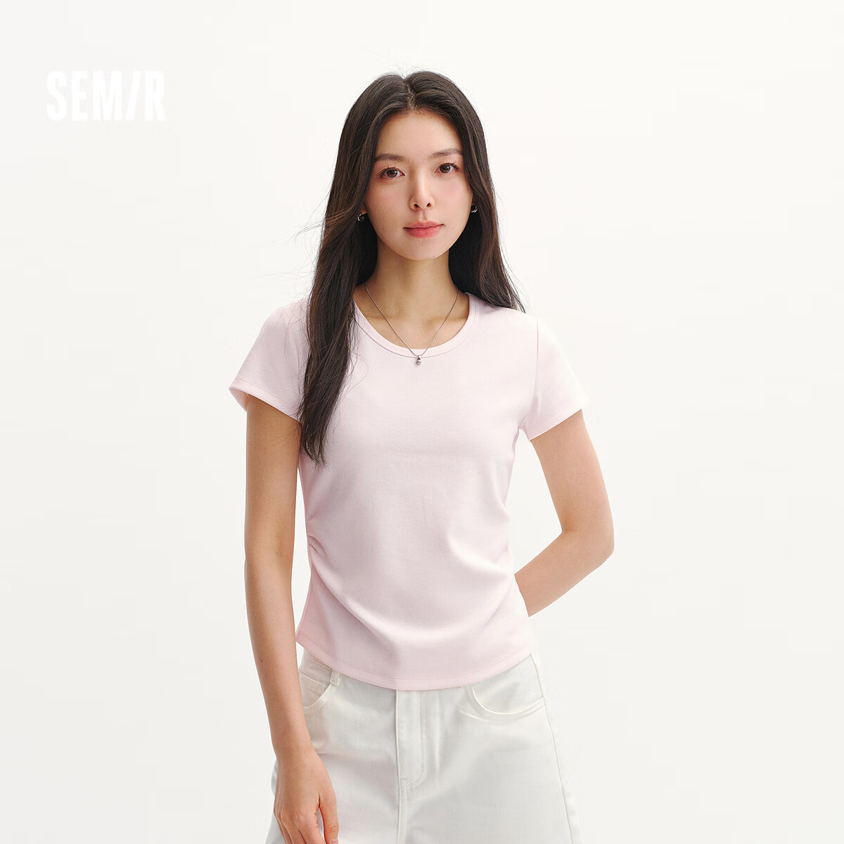 森马(Semir)短袖t恤女短款修身正肩圆领凉感透气上衣2026夏装新款辣妹打底衫 梦幻粉60344 3XL