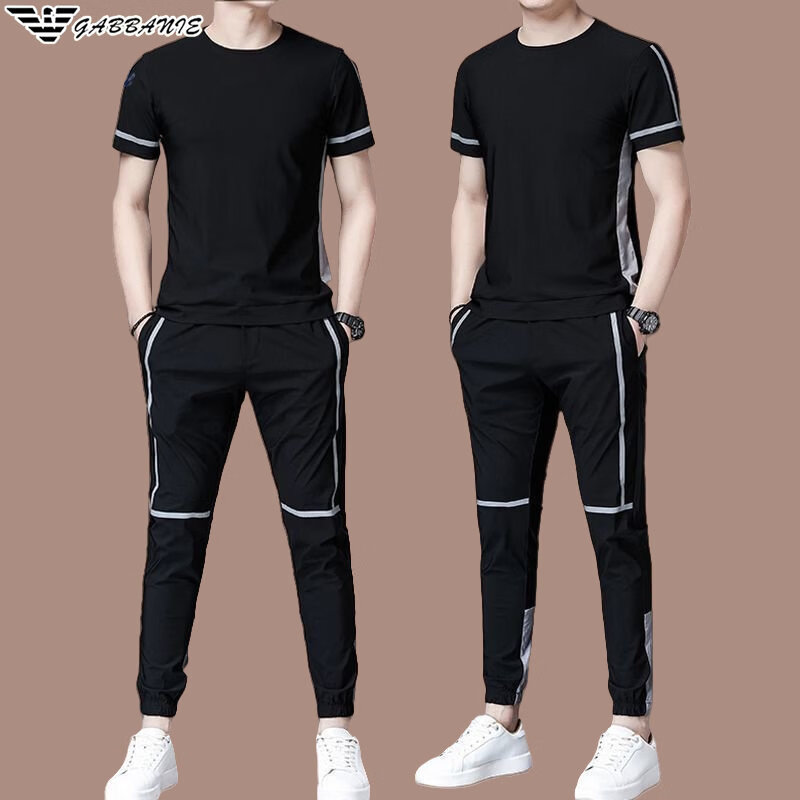 阿玛尼（ARMANI）意大利正品男士休闲运动套装夏季圆领冰丝短袖男T恤中青年两件套 国际一线品牌AG_F9803灰绿_收脚 2XL 180_【建议150-165斤】