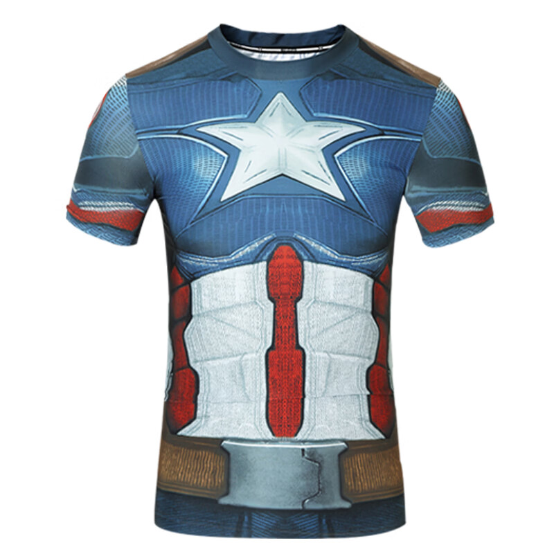 虎迹漫威美国队长紧身衣pro男锻炼健身服训练服速干跑步弹力 蓝红白（短袖） 2XL 建议185斤左右