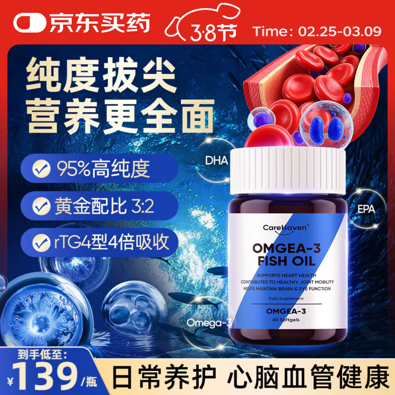 CareHaven【香港直邮】美国进口95%高纯深海鱼油omega3降血脂中老年人保健 【97%高纯】深海鱼油胶囊 60粒*1瓶