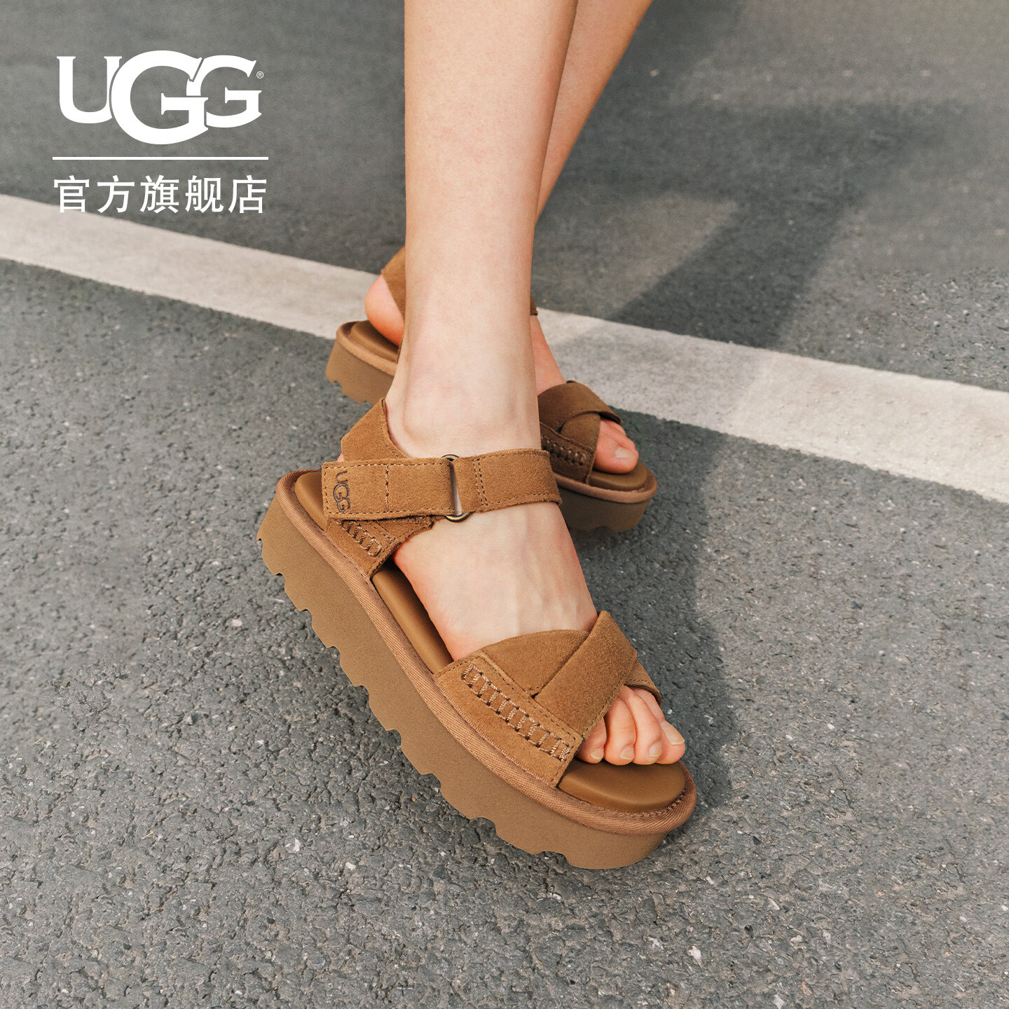 UGG夏季新款女士时尚舒适纯色厚底露趾魔术贴搭扣休闲凉鞋1178875 CHE | 栗色 38 脚背高、脚宽，建议拍大一码