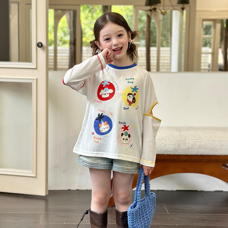 栀了成长记童装女童百搭插肩袖撞色上衣2026春季儿童破洞长袖T恤 白色 上衣 100 cm